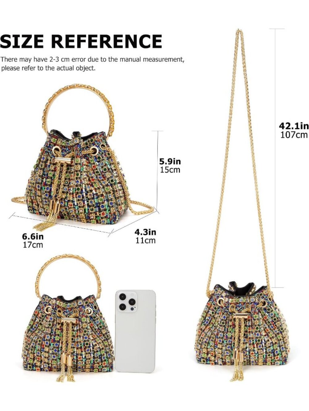 Women Colorful Sparkly Rhinestone Clutch Purse Diamond Chain Evening Bag - Picture 5 of 6